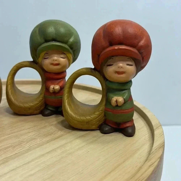 Vintage 70s Holly Hobbie napkin holders 4” tall hand painted girls with baskets - Picture 2 of 6